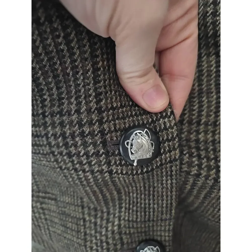 Lauren Ralph Lauren Plaid Linen Alpaca 2-Buttons Elbow‎ Patch Blazer Womans 12